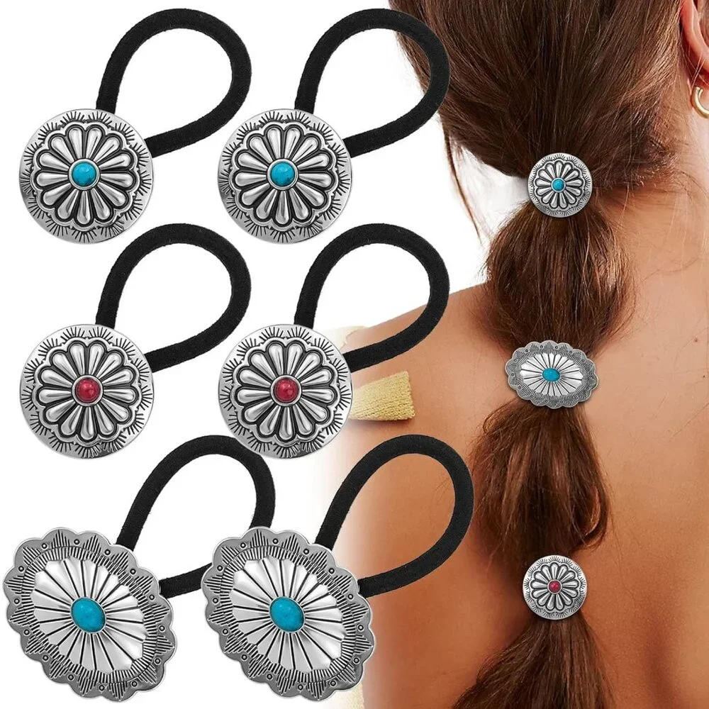 6 Pcs Western Ponytail Holders Metal Boho Hair Ties Flower Circular Hair Ropes V